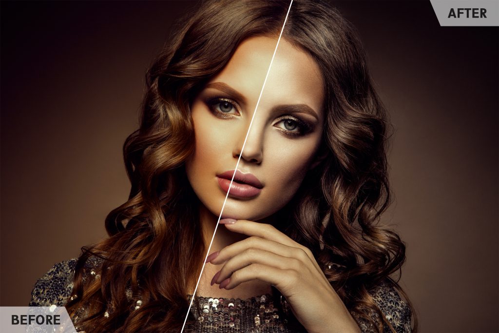 Glamour portrait of beautiful girl model with makeup and romantic hairstyle. Fashion shiny highlighter on skin, sexy gloss lips make-up and dark eyebrows.