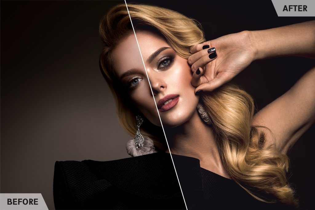 Beautyful girl with bright make up and beautiful hairstyle in black dress