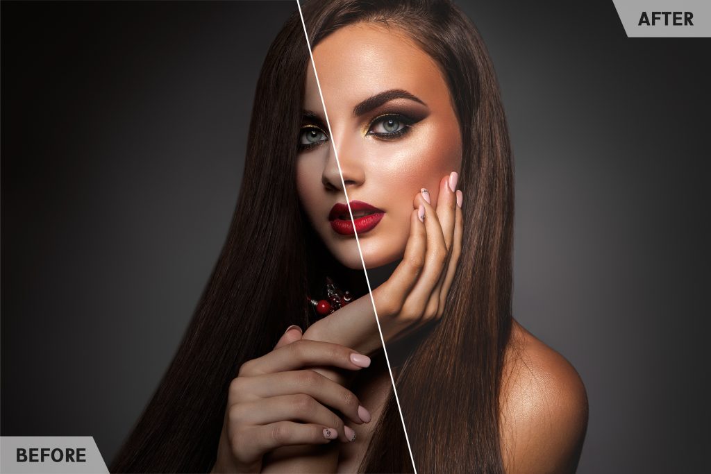 Beauty Model Woman with Long Brown Hair. Healthy Hair and Beautiful Professional Makeup. Red Lips and Smoky Eyes Make up. Gorgeous Glamour Lady Portrait. Haircare, Skincare concept