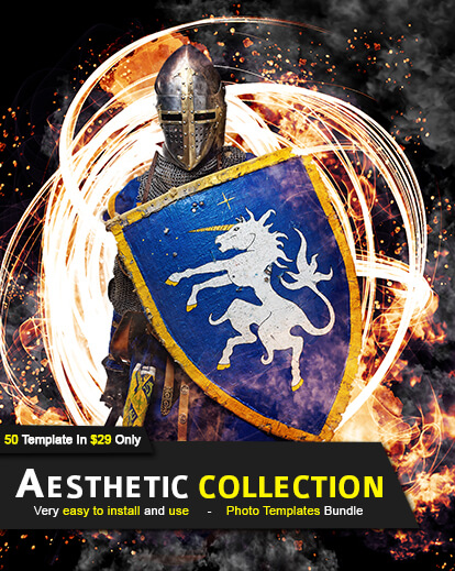 knight with a blue shield on a fiery backdrop photo template