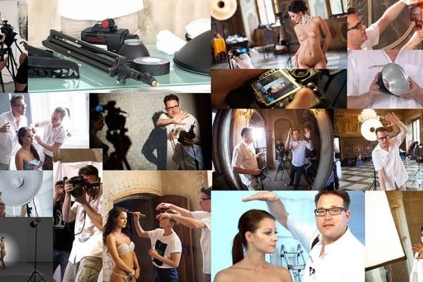 collage showing bts scenes of nude or glamour photography course