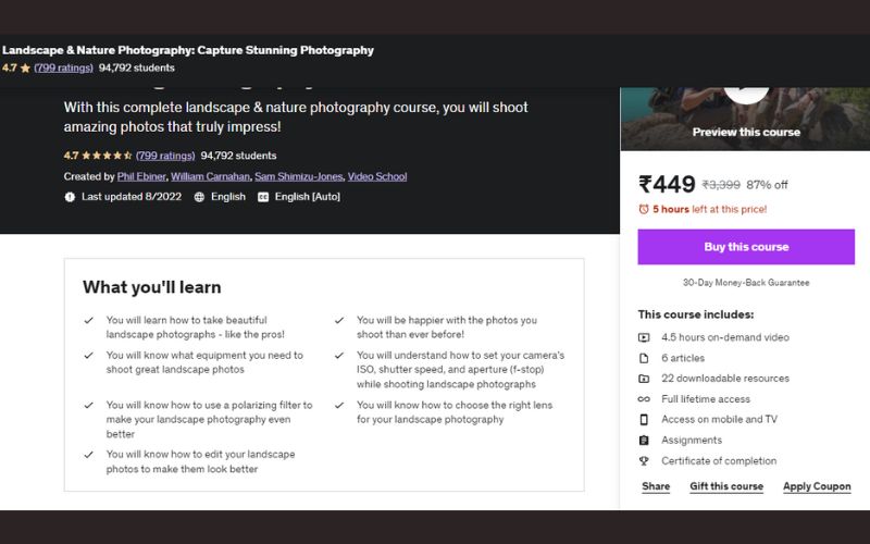 Details of an online photography course on udemy