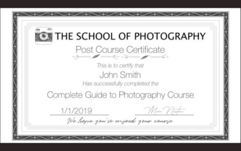Certificate of course completion for a photography course