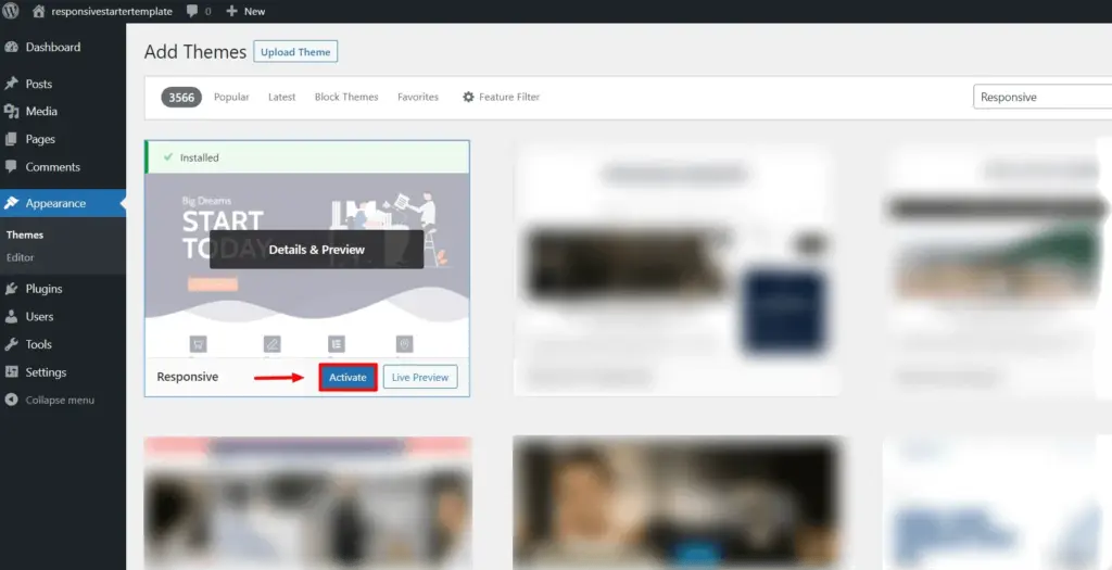 activating themes on WordPress