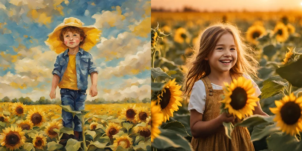 an ai generated image of a little girl standing in a sunflower field
