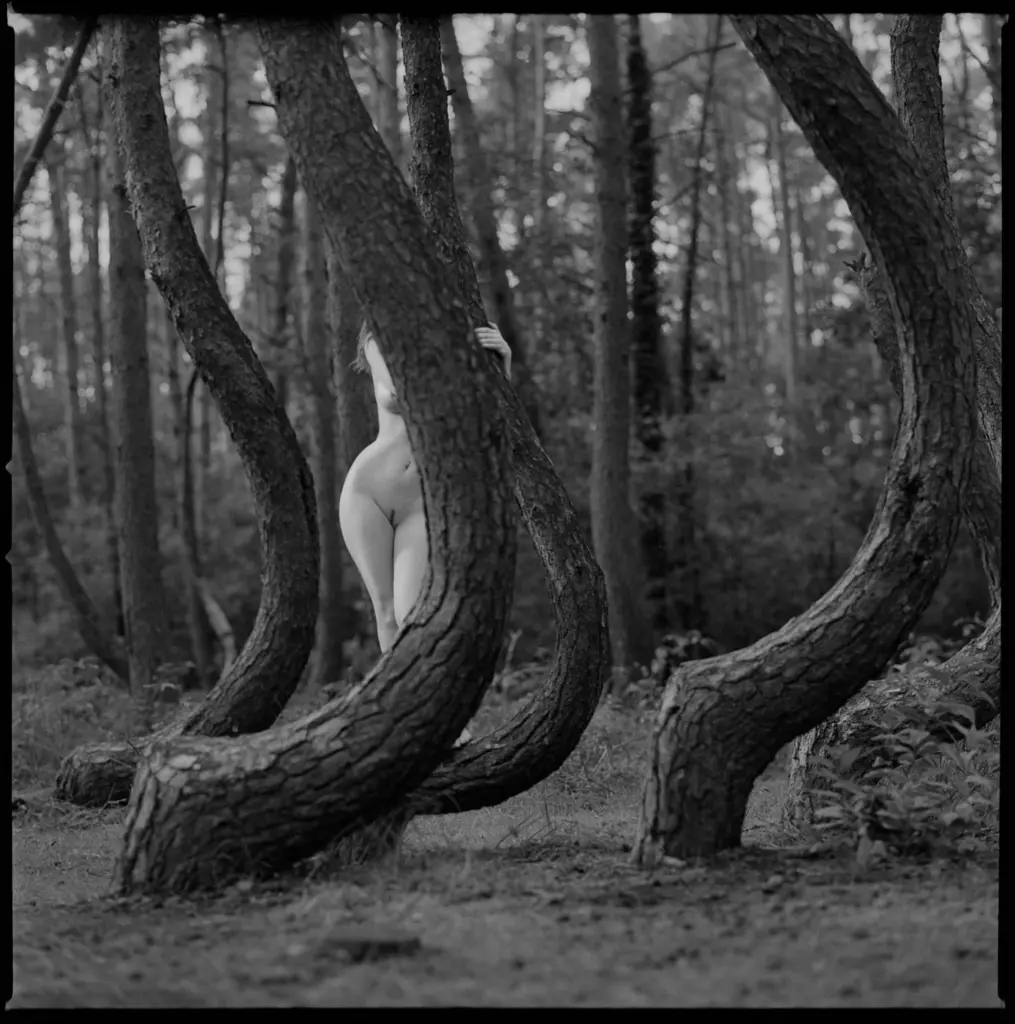 Women hiding behind the tree