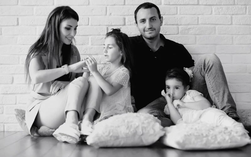 black and white photograph, family portrait