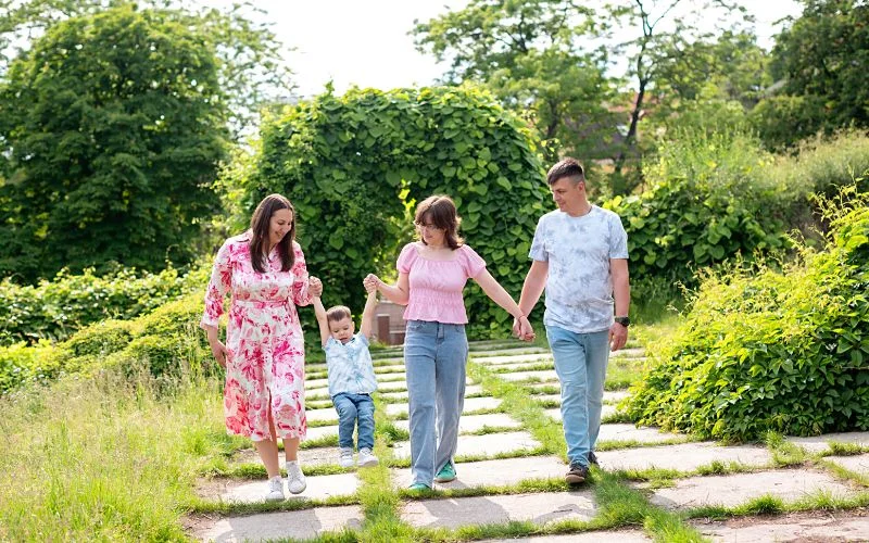 take short walks with your dog, family photo idea with pets