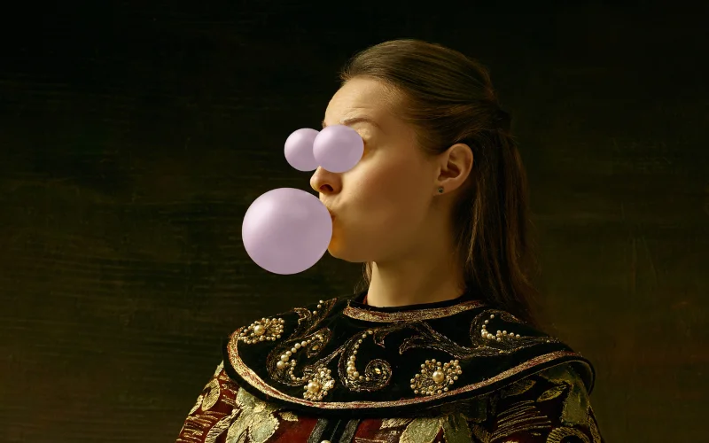 What is Midjourney - AI generated art of a woman blowing bubble from mouth and both eyes