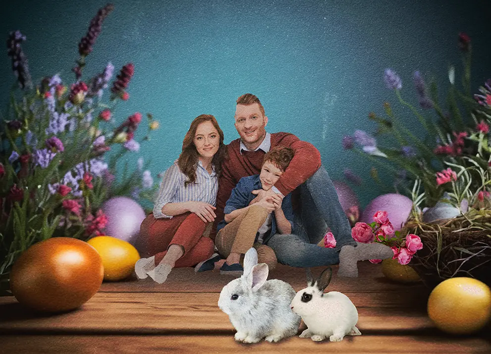 family posing with bunny, free Easter bunny graphics, free Easter bunny PNG backgrounds, free Easter rabbit backgrounds, high-resolution Easter bunny backgrounds
