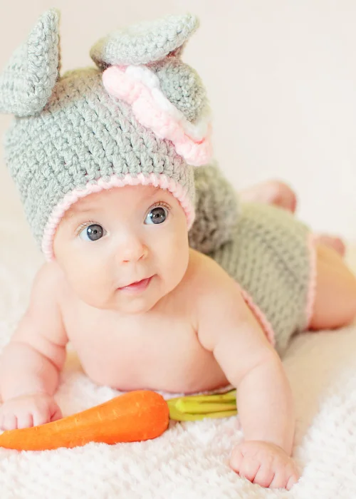 baby in a bunny costume, Easter basket baby photos, newborn Easter outfit photos, spring newborn photography, Easter baby portrait ideas