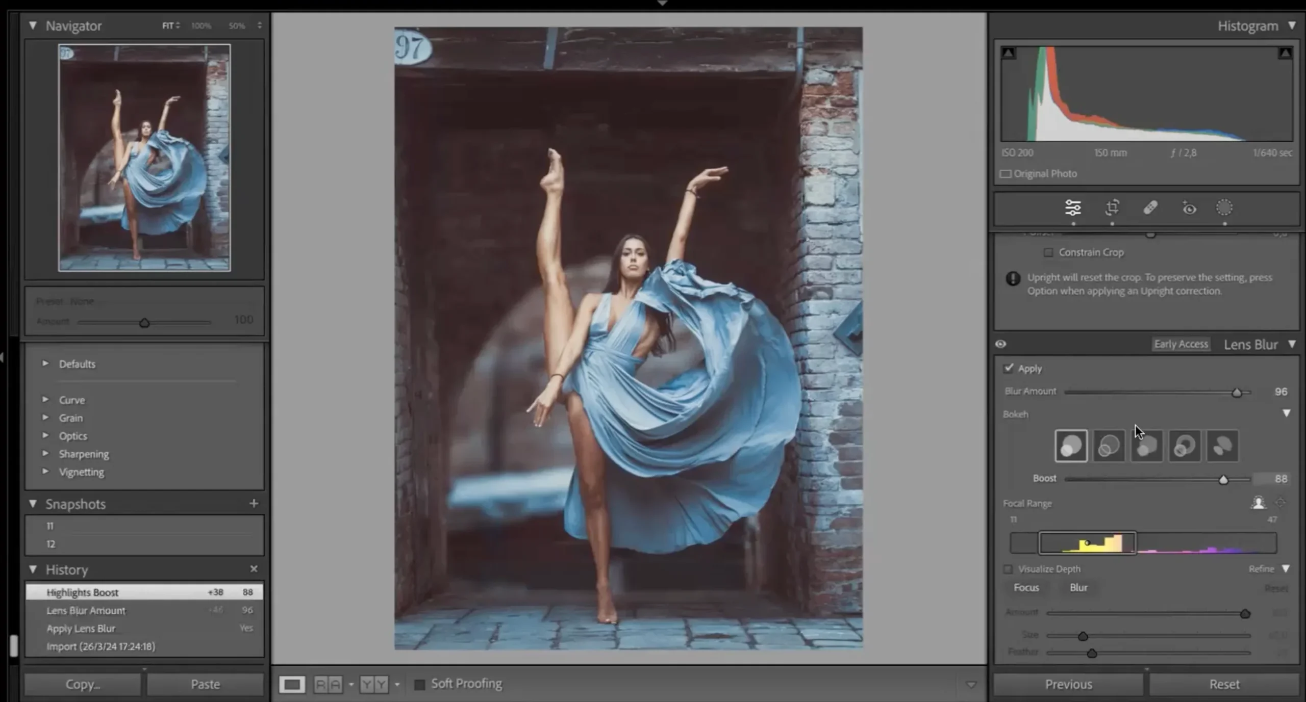 lens blur Lightroom feature applied to subject background