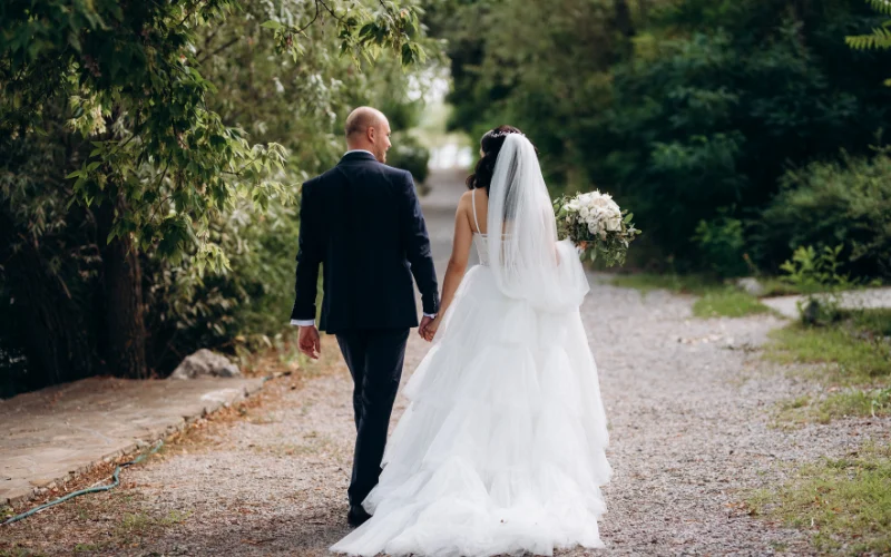 Walking wedding pose
