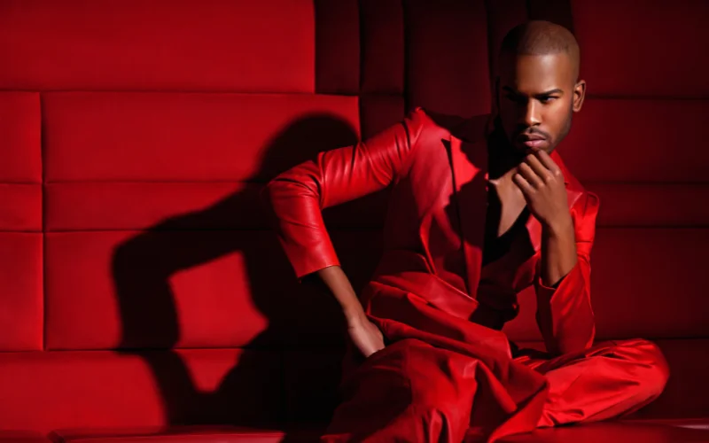 a man in a red suit posing
