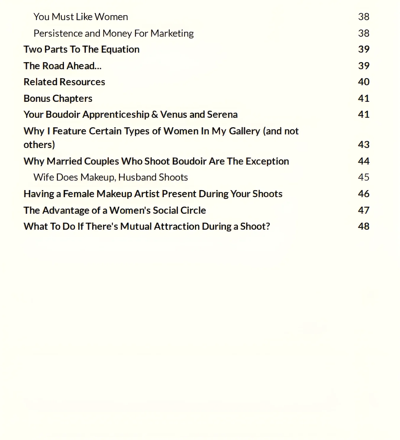 table of contents of the book