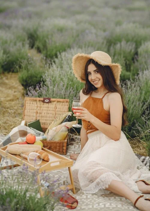 picnic shot amidst a flower field
