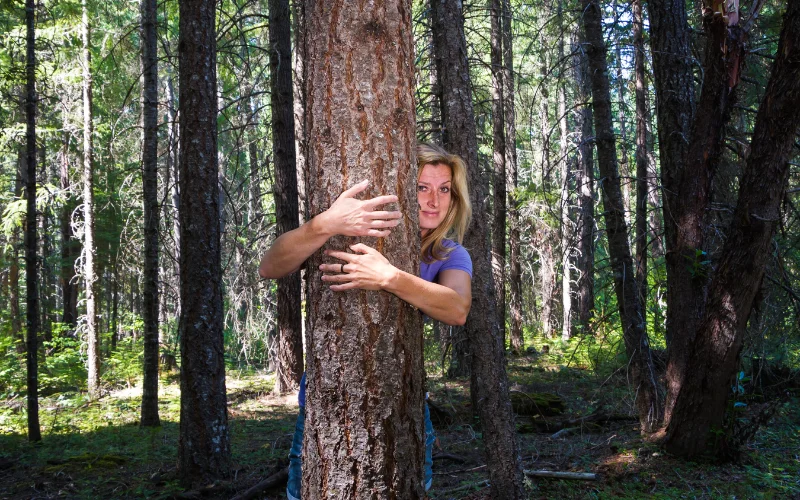 hiker hugging a tree