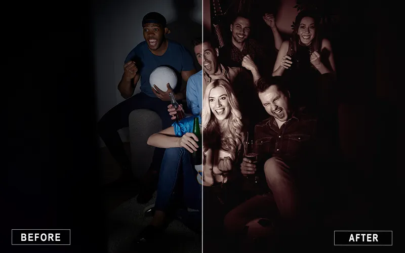 a before/after effect photo of friends playing games at night using Cinematic Night Preset