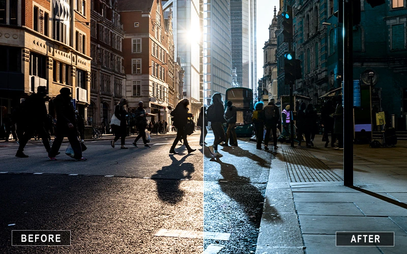 Before and after using Cool Photoshop Actions to add crisp tones, cool color grading, and refreshing photo effects