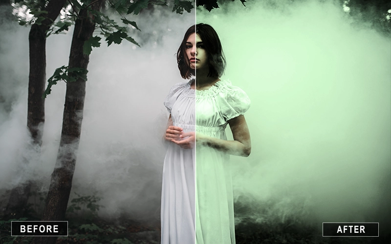 Before and after applying Dark and Moody Photoshop Actions for deep shadows, dramatic tones, and cinematic effects