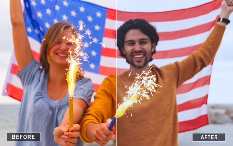 Before and after applying Freedom Photoshop Actions for bold colors and vibrant tones