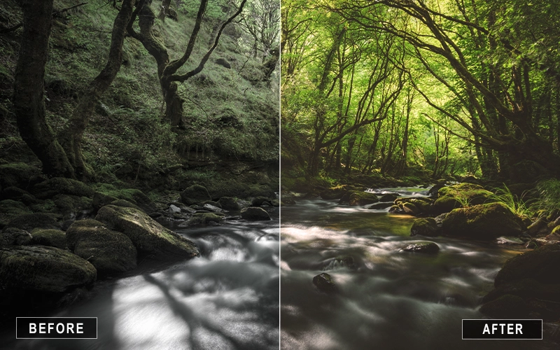 Before and after applying Light and Airy Photoshop Actions for bright, soft looks