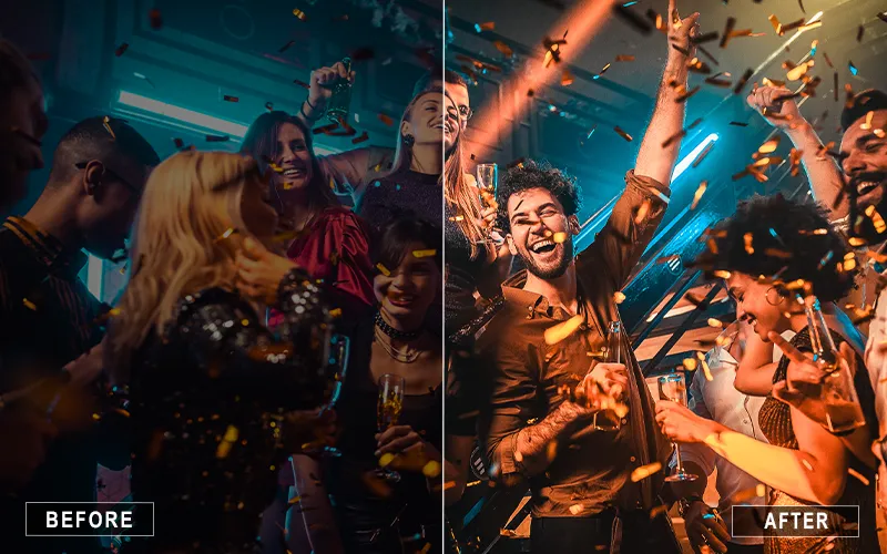 a before/after effect photo of a crowd at a nightclub after using Lightroom Nightclub Presets
