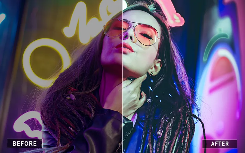 a funky women's portrait showing before/after results using Urban Night Lightroom Presets