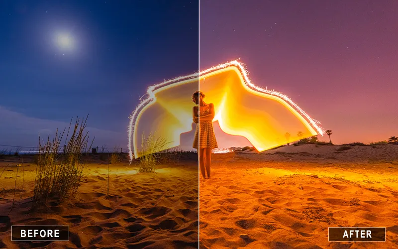 a night portrait photo showing before and after effect using Night Light Lightroom Presets