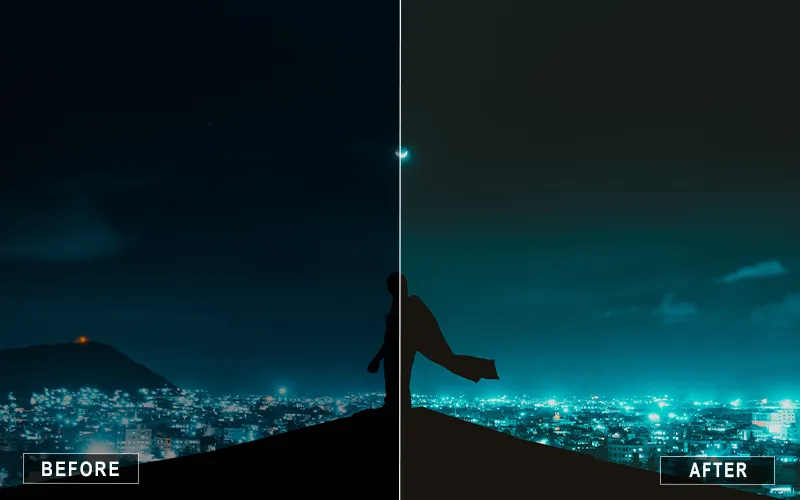 a before after effect photo of a cityscape using Nightlife Lightroom Presets
