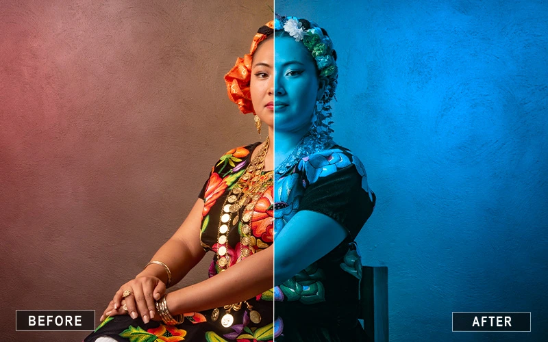 Before and after using Photoshop Actions for Portraits to enhance skin, tones