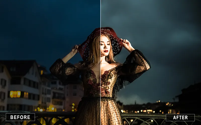 an elegant night portrait using effects of using Urban Night Lightroom Presets