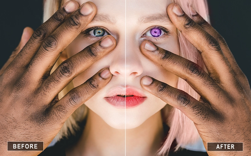 Before and after applying Skin Retouching Photoshop Actions for smooth, flawless skin