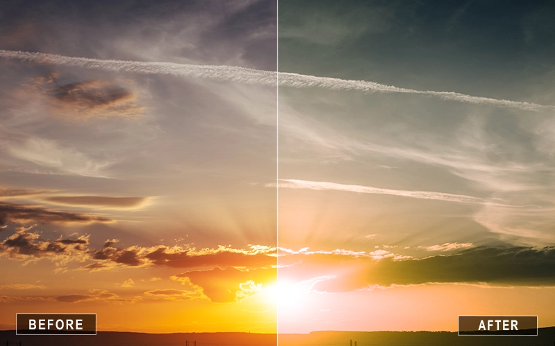 Before and after using Sunset Photoshop Actions to add warm golden hour tones