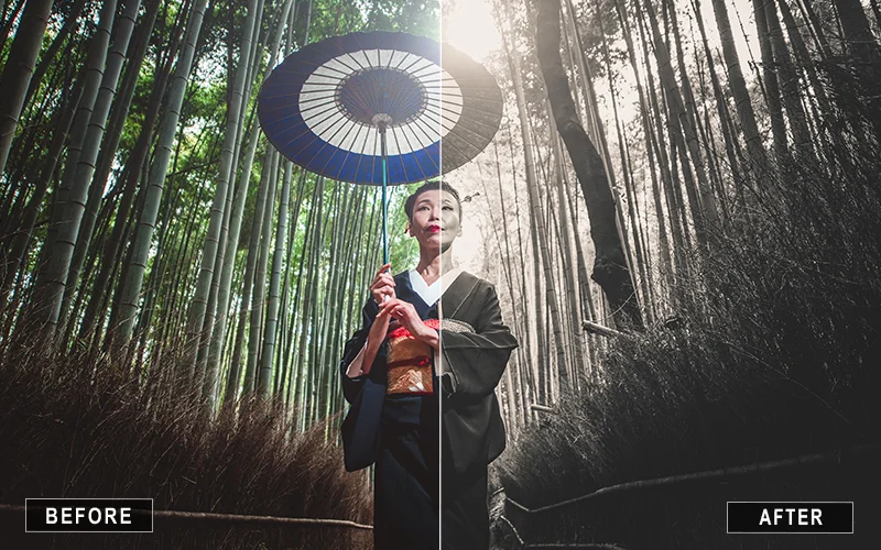 photo of a woman with a parasol edited with clarity b&w presets