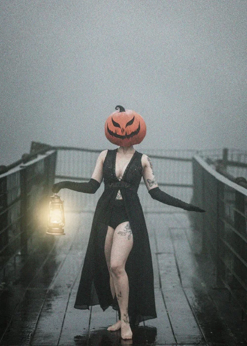 a woman posing with a pumpkin head and a lantern - Pumpkin head photoshoot ideas