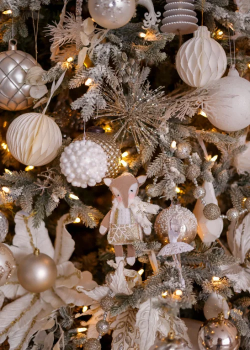 a close-up of the Christmas tree and ornaments