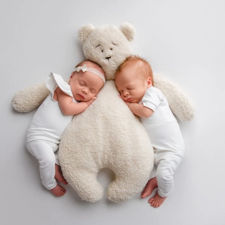 two babies sleeping while hugging a teddy