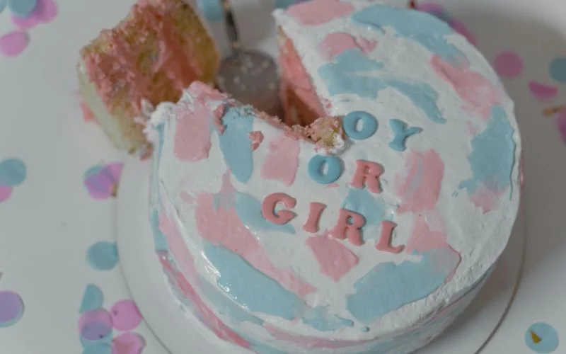 gender reveal photoshoot poses with cake