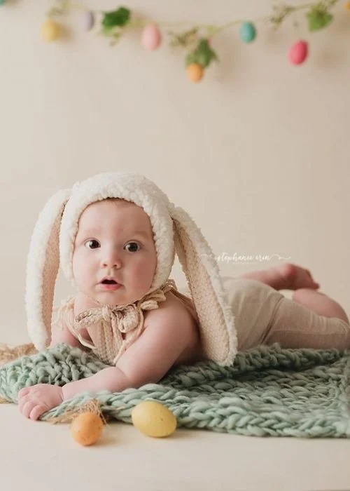 easter infant photo ideas wearing a bunny costume, pastel easter baby pictures, adorable baby easter portraits