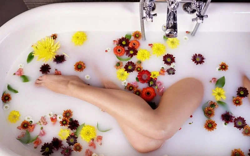 close up and detailed milk bath shot