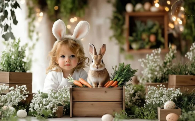Carrots & Spring Flowers Easter Photoshoot, Easter Photos With Props, Kids Photo ideas for Easters