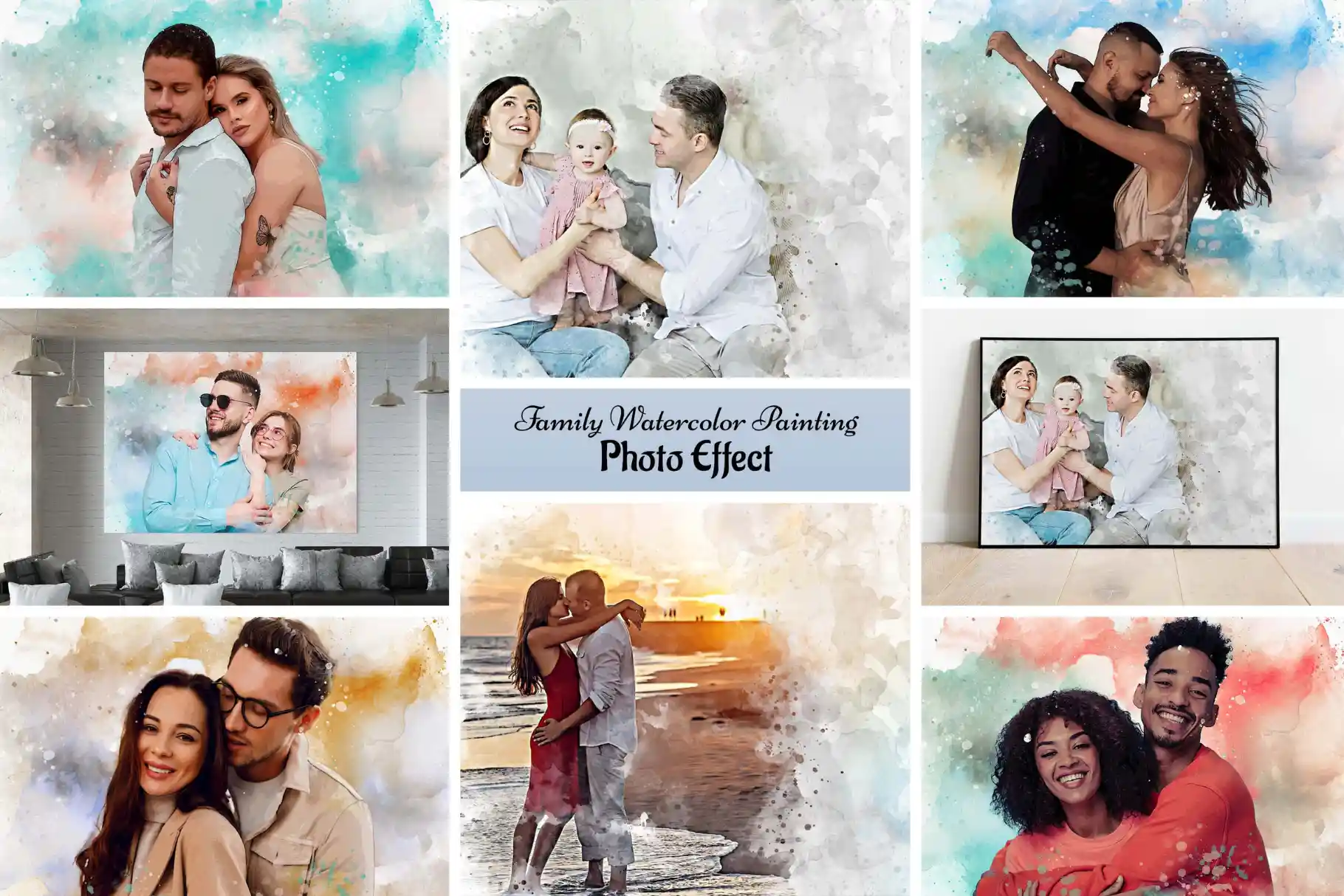 Family Water Volor Painting Photo Effect, Water Color Effect In Photoshop