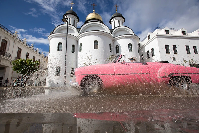 vintage cars, street photo, church, pink car images