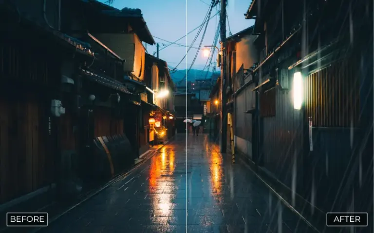 an evening outdoor shot showing before and after effect using &bull; Rain Overlays